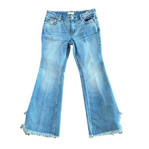 Free People We The Free Blue Distressed Raw Hem Flared Mid Rise Boho Jeans Sz 28